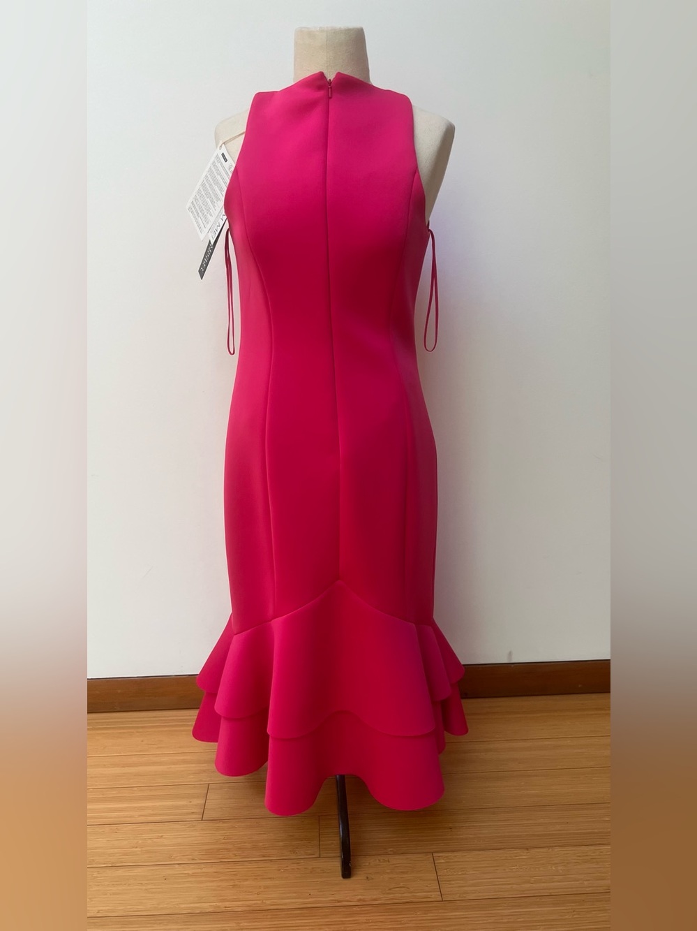 Badgley Mischka Hot Pink Halter Midi Dress with Ruffle Hem